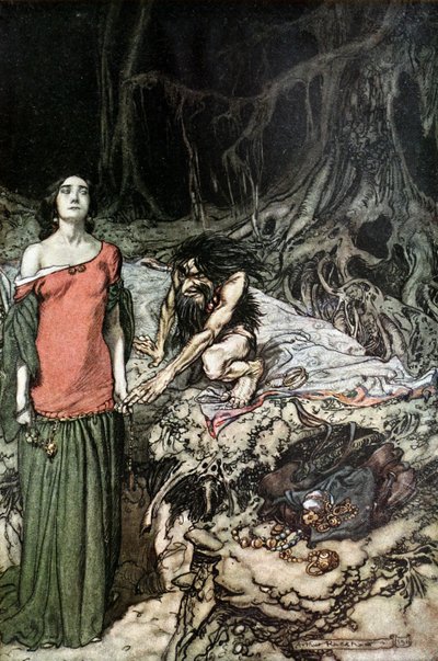 ハーゲンの母、グリムヒルデの求愛。ジークフリートと外出先の夕暮れのイラスト 作： Arthur Rackham