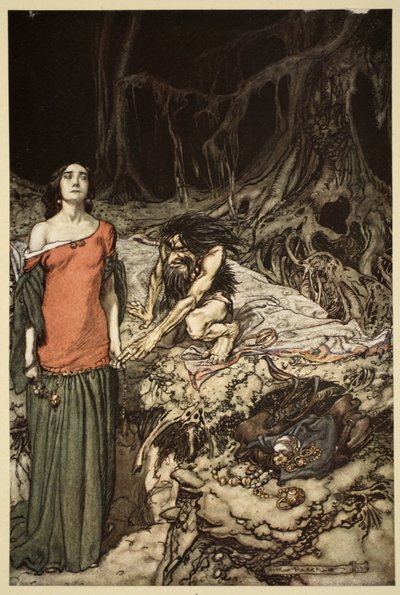 1910年の「ジークフリートと神々の黄昏」からのハーゲンの母、グリムヒルデの求愛 作： Arthur Rackham