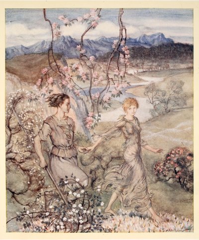 そして、りんごの花と蜂蜜の香りがする国で、二人は手をつないで行った。 作： Arthur Rackham