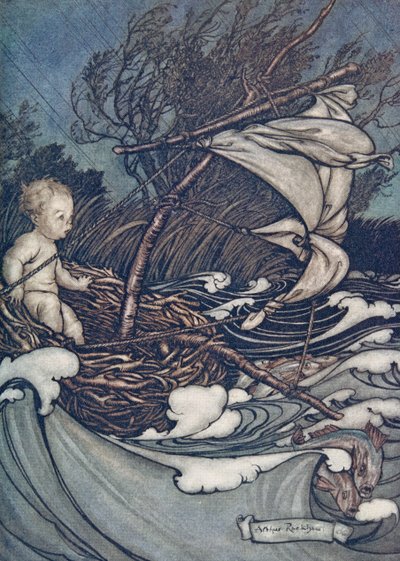 そこに強大な嵐が起こり、彼はあちこちに投げられました。 1906 作： Arthur Rackham