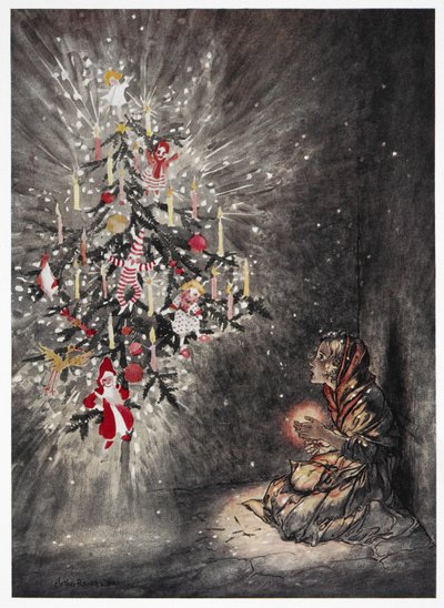 そこで彼女は美しいクリスマスツリーの下に座っていた. 明るく照らされたクリスマス ツリーを見ている若い女の子。 物語「マッチ売りの少女」のカラーイラストです。 作： Arthur Rackham