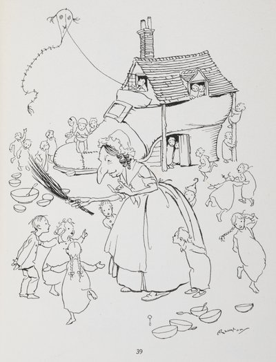 靴に住んでいるおばあさんがいました。 靴屋とたくさんの子供を持つ女性。 作： Arthur Rackham