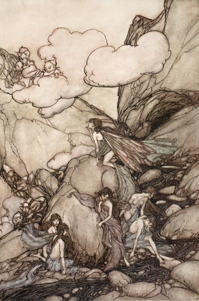 ワシントンアーヴィングのパブ、リップヴァンウィンクルの妖精の山々。 1910 作： Arthur Rackham