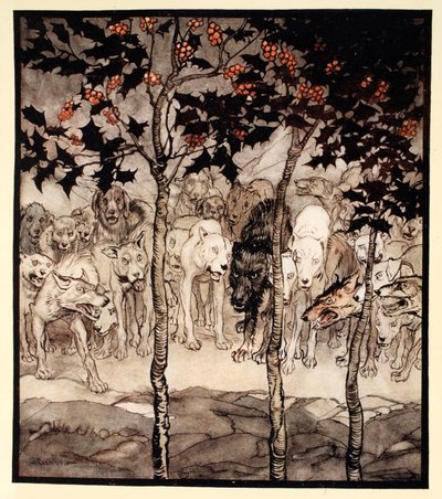 彼らは外に立っていて、野蛮さと恐怖に満ちていた。イラストはJames Stephensの「Irish Fairy Tales」から。 作： Arthur Rackham