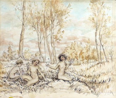 花を集める3つの木のニンフ（紙にペンとインクとトイレ） 作： Arthur Rackham