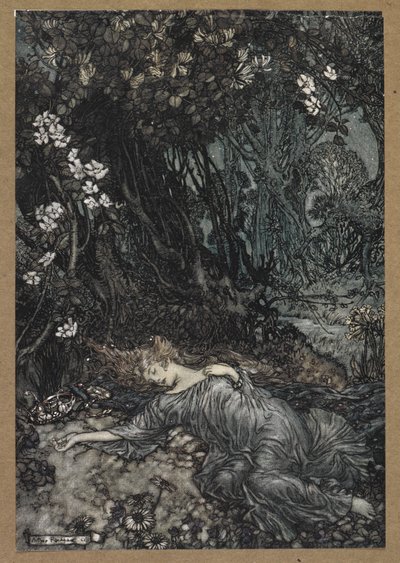 眠るティターニア」。 「真夏の夜の夢」の一場面。 作： Arthur Rackham