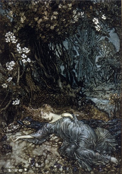 料金の女王タイタニアが眠っている。アーサー・ラッカム（1867-1939）によるウィリアム・シェイクスピア作『夏の夜の夢』の挿絵 作： Arthur Rackham