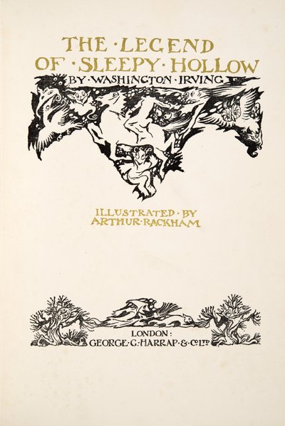 タイトルページ、The Legend of Sleepy Hollow、Washngton Irving（1783-1859）、pubから。 1928 作： Arthur Rackham