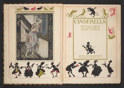 シンデレラのタイトル ページと口絵、C.S. エヴァンスによる再話、アーサー ラッカムによる挿絵 作： Arthur Rackham
