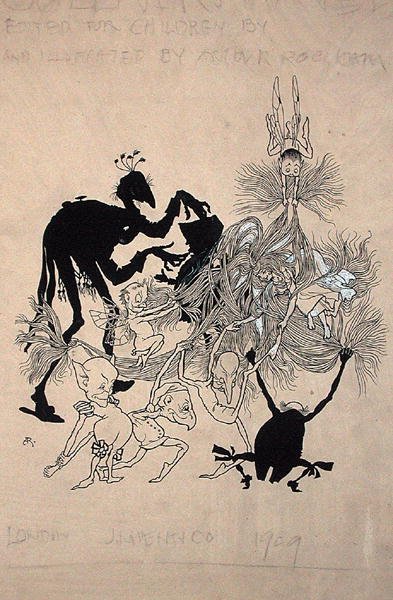 1896年に出版されたS.J.Adair Fitzgeraldの「The Zankiwank and the Bletherwitch」のタイトルページのイラスト（紙にペンとインク）。 作： Arthur Rackham