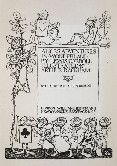 バラの茂み、白うさぎ、カードに扮した男性が描かれたタイトルページ 作： Arthur Rackham