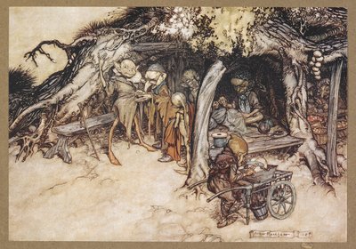 私の小さなエルフのコートを作るために。 「真夏の夜の夢」の一場面。 作： Arthur Rackham