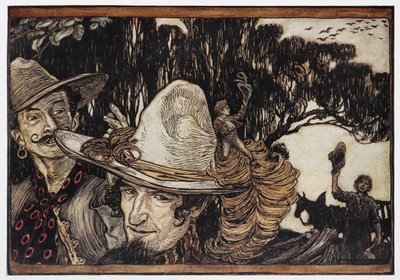 帽子のつばに座るトム・サム。 作： Arthur Rackham