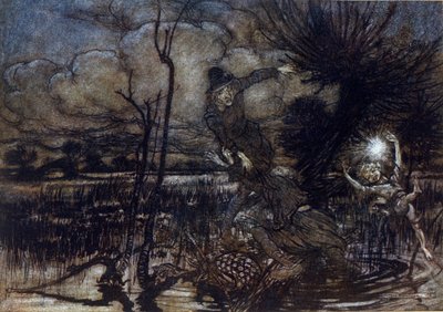 沼地で溺れ損ねた二人の登場人物をパックが火で助ける。アーサー・ラッカム（1867-1939）によるウィリアム・シェイクスピア作『夏の夜の夢』の挿絵 作： Arthur Rackham
