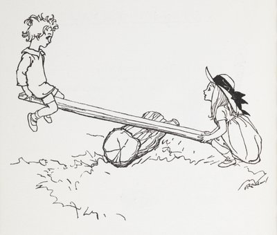 シーソーの 2 人の子供。 作： Arthur Rackham