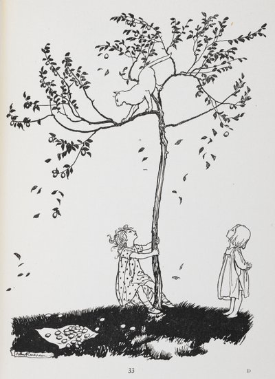 Kaksi lasta yrittää saada kissan alas puusta. 作： Arthur Rackham
