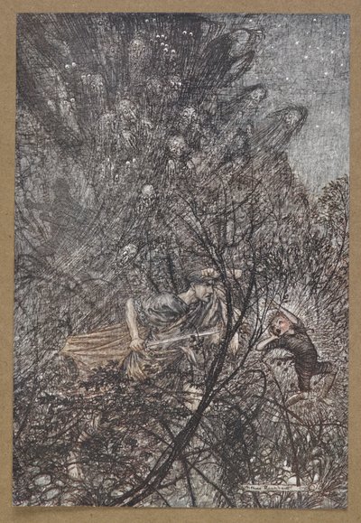 上下、上下、ゴブリン、上下に誘導して」 「真夏の夜の夢」の一場面。 作： Arthur Rackham