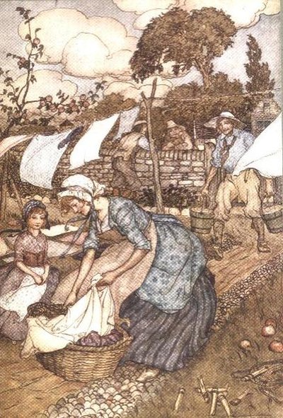 ワシントン・アーヴィング（1783-1859）の「リップ・ヴァン・ウィンクル」より "Washing Day 作： Arthur Rackham