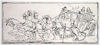 今日の馬車は何でこんなに重いのだろう」トーマス・インゴールズビー著「The Ingoldsby Legends, or Mirth and Marvels」（1898年発行）の挿絵（紙にペンとインク）。 作： Arthur Rackham