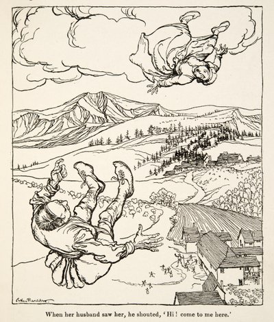 グリム兄弟の「Little Brother & Little Sister and Other Tales」（1917年）から、彼女を見た夫が「ハーイ！こっちにおいでよ」と叫んだという。 作： Arthur Rackham