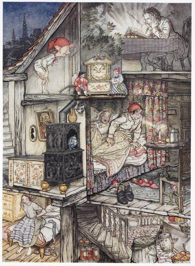 「夜になり、店が閉まったとき」。 自宅での夜の家族。 屋根裏部屋で本を読んでいる男性。 鍵穴から覗くエルフ。 2 人、ベッドの両親。 彼女のベッドに座っている若い女の子。 作： Arthur Rackham