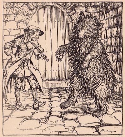 When the bear heard the music he could not help beginning to dance. Illustration by Arthur Rackham from Grimm