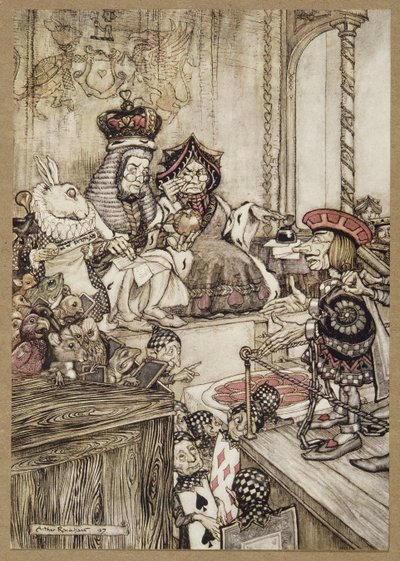 ルイス・キャロル著『不思議の国のアリス』より「タルトを盗んだのは誰？1907年（カラーリトグラフ）。 作： Arthur Rackham