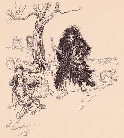彼を見た人は誰でも逃げました。 グリム童話ベアスキンのアーサー・ラッカムによるイラスト。 作： Arthur Rackham