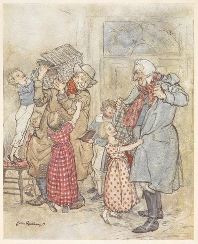 クリスマス プレゼントを持って家に入る年配の男性 2 人を手伝う幼い子供たち 作： Arthur Rackham