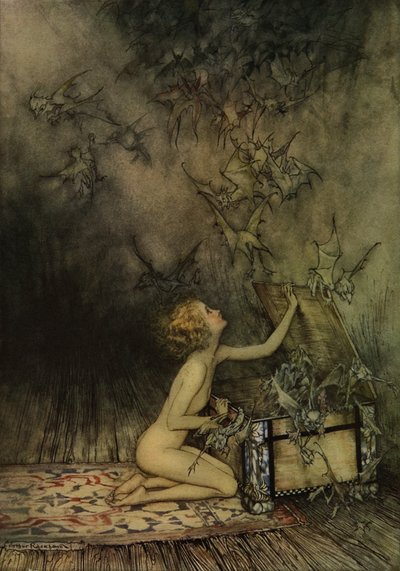 若い女の子とコウモリのような 作： Arthur Rackham