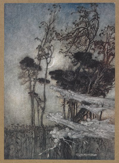...月は、天に新しく曲がった銀の弓のように」. 「真夏の夜の夢」の一場面。 作： Arthur Rackham