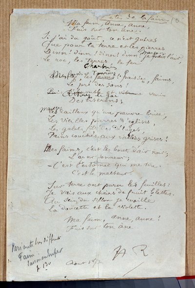 アルチュール・ランボーの詩「Les fetes de la faim」の手稿 1872年8月シャルルヴィル、ランボー美術館（Musee Rimbaud 作： Arthur Rimbaud