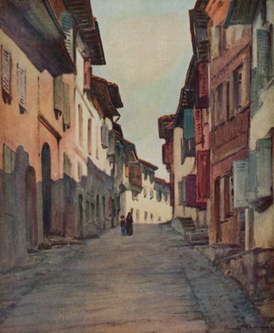 バスク地方。サン・ジャン＝ピエ＝ド＝ポー旧市街の街並み（カラーリトグラフ 作： Arthur Romilly Fedden
