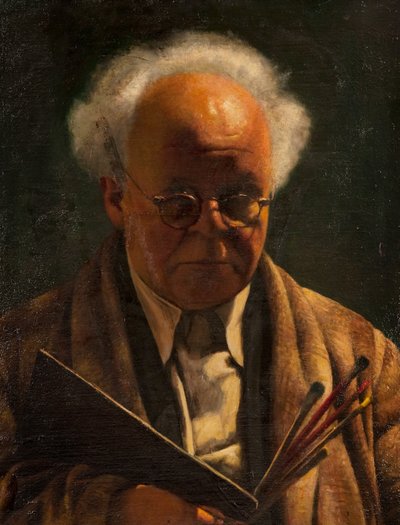パレットとブラシを使った自画像 作： Arthur Segal