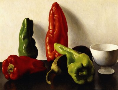 赤唐辛子と緑唐辛子のある静物 作： Arthur Segal