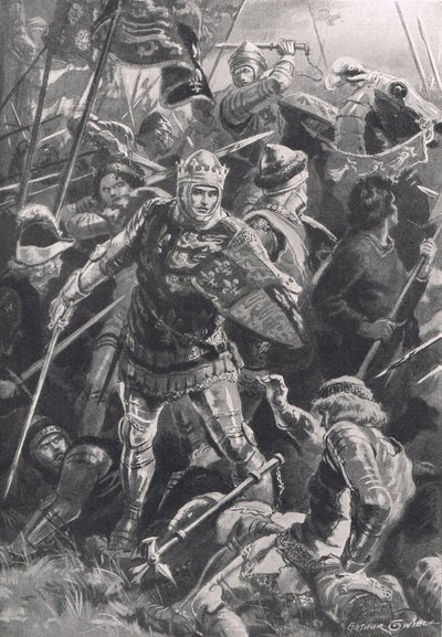 1415年10月25日、アジャンクールの戦いでのヘンリー5世とダクダランコン、「陸と海での英国の戦い」のイラスト、ロンドン、カッセル発行、1910年 作： Arthur Twidle