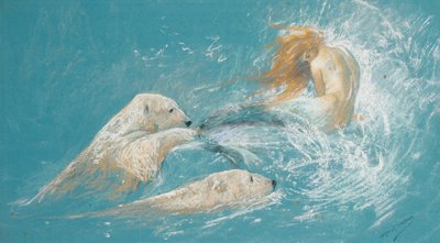 人魚とホッキョクグマ (紙に鉛筆とチョーク) 作： Arthur Wardle