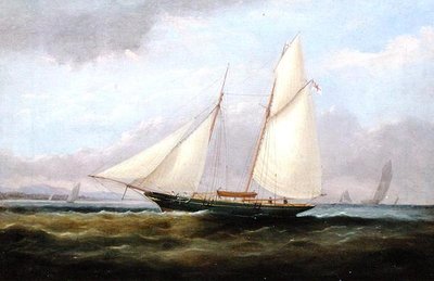 帆を張ったスクーナー・ヨット、フォアセールを下げた状態（油彩・キャンバス） 作： Arthur Wellington Fowles