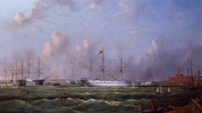 ポーツマスに到着するインド軍艦「セラピス」 作： Arthur Wellington Fowles
