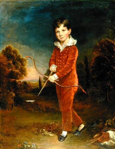 弓矢を持つ赤いスーツの少年の肖像」（油彩・キャンバス 作： Arthur William Devis