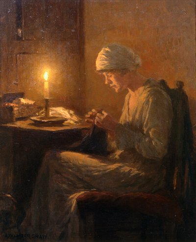 Candlelightによる針仕事（キャンバスに油彩） 作： Arthur Winter Shaw