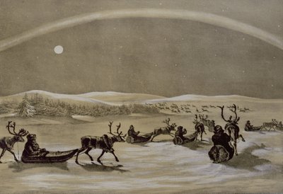 James Duffield Harding（1798-1863）1825（engrav）によって彫刻されたラップランドの冬のスケッチからの、トナカイの群れがジャーディスハブリを横切るラプランダーの群れの上のオーロラの特異な外観 作： Arthur de Capell Brooke