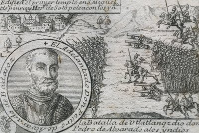 ALVARADO, Pedro de (1485-1541)。スペインの征服者、グアテマラ総督。ウラトランガの戦い 作： Artist Unknown