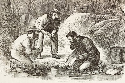 オーストラリア（1880年）。ボタニー・ベイ（1788年設立）における金鉱掘り人たちの生活。エングレーヴィング。個人蔵 作： Artist Unknown