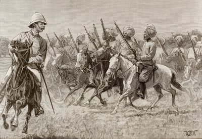 大英帝国（19世紀）。ビルマの新連隊第2連隊の騎兵中隊。エングレーヴィング。 作： Artist Unknown