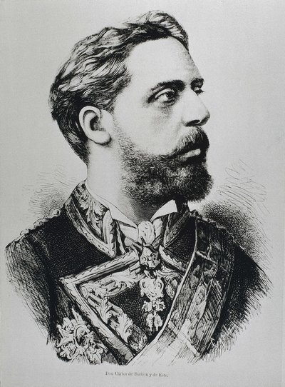 CARLOS VII, Carlos Maria de los Dolores de Borbon y Austria-Este (1848-1909)。カルロス7世としてスペイン王位に就いたカルリストの僭称者。スペイン。カルリスム。カルロス7世、カルリストの王位僭称者。La ilustracion Espanola y Americana』に掲載。エングレーヴィ 作： Artist Unknown