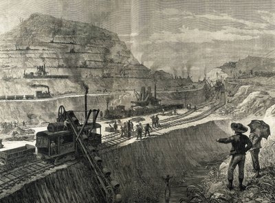 パナマ運河建設クレブラ村の浚渫工事。メルトール・プライアーによる原画。イラストレイテッド・ロンドン・ニュース』に掲載された画像。エングレーヴィング。 作： Artist Unknown