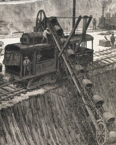 パナマ運河建設クレブラ村の浚渫工事。メルトール・プライアーによる原画。イラストレイテッド・ロンドン・ニュース』に掲載された画像。エングレーヴィング。 作： Artist Unknown