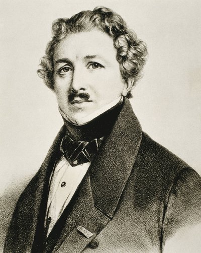 ダゲール、ルイ＝ジャック＝マンデ（1787-1851）。写真を改良したイギリスの発明家。リトグラフィー。 作： Artist Unknown
