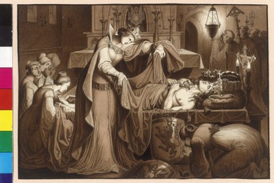 アンナ皇后、スコットランドの修道院でオットーカル王の遺体を覆い包む 作： Artist Unknown